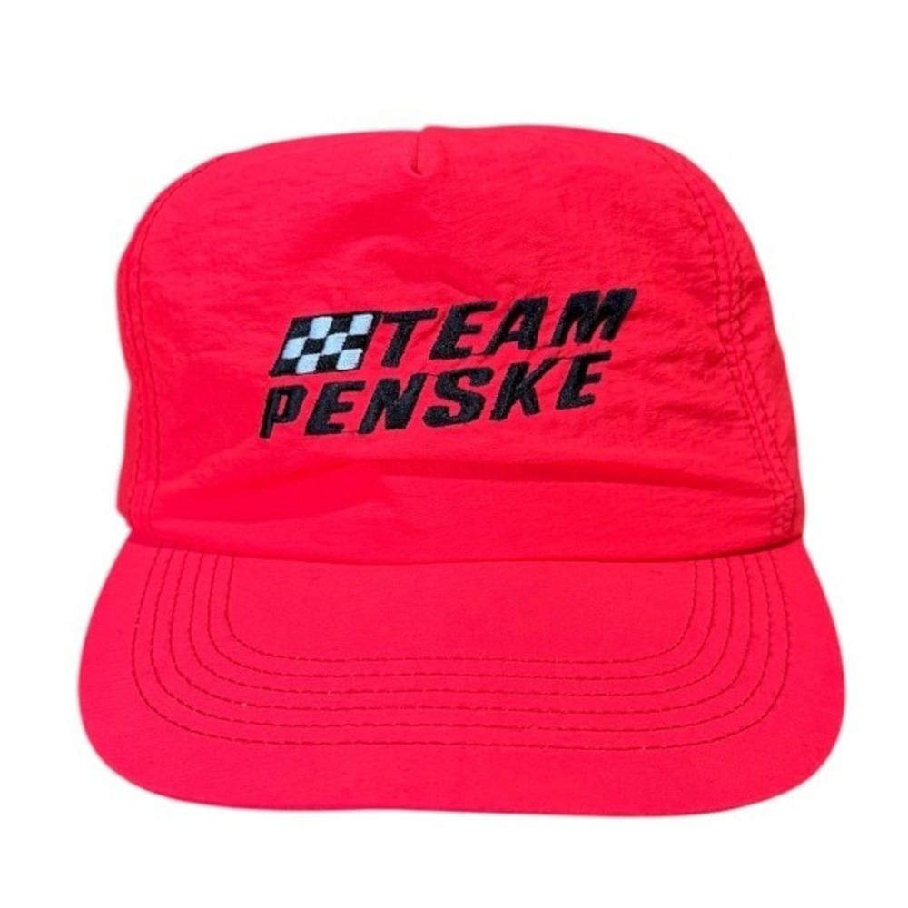 Vintage 80s Team Penske Racing Auto Car Flag Mechanic USA OSFA Neon Snapback Hat